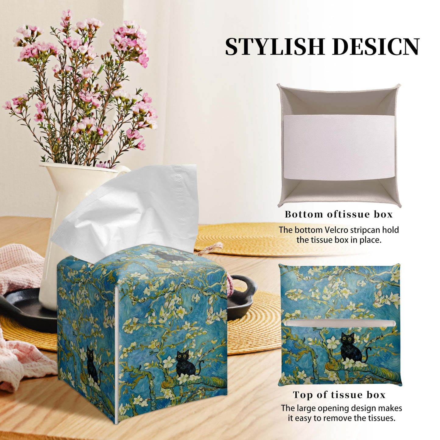 Grace Yonks Art Tissue Box Cover Square - Black Cat on Blossoming Branch Design 5.2" PU Leather Holder for Vanity, Desk, or Bathroom Counter - Cube Case for Facial Tissues. (122)