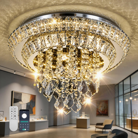 OSGNER 18" Sliver Modern Chandelier with Remote/APP,Flush Mount Crystal Ceiling Light,3-Color LED Dimmable for Living Room Kitchen Dining Room Hallway -Luxury Raindrop Style