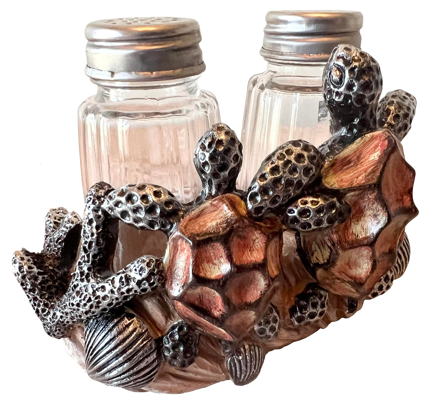 Sea Turtle Love Decorative Salt & Pepper Shaker Set - Sea Shell and Coral Nautical Ocean Beach Coastal Decor - Turtle Hugs