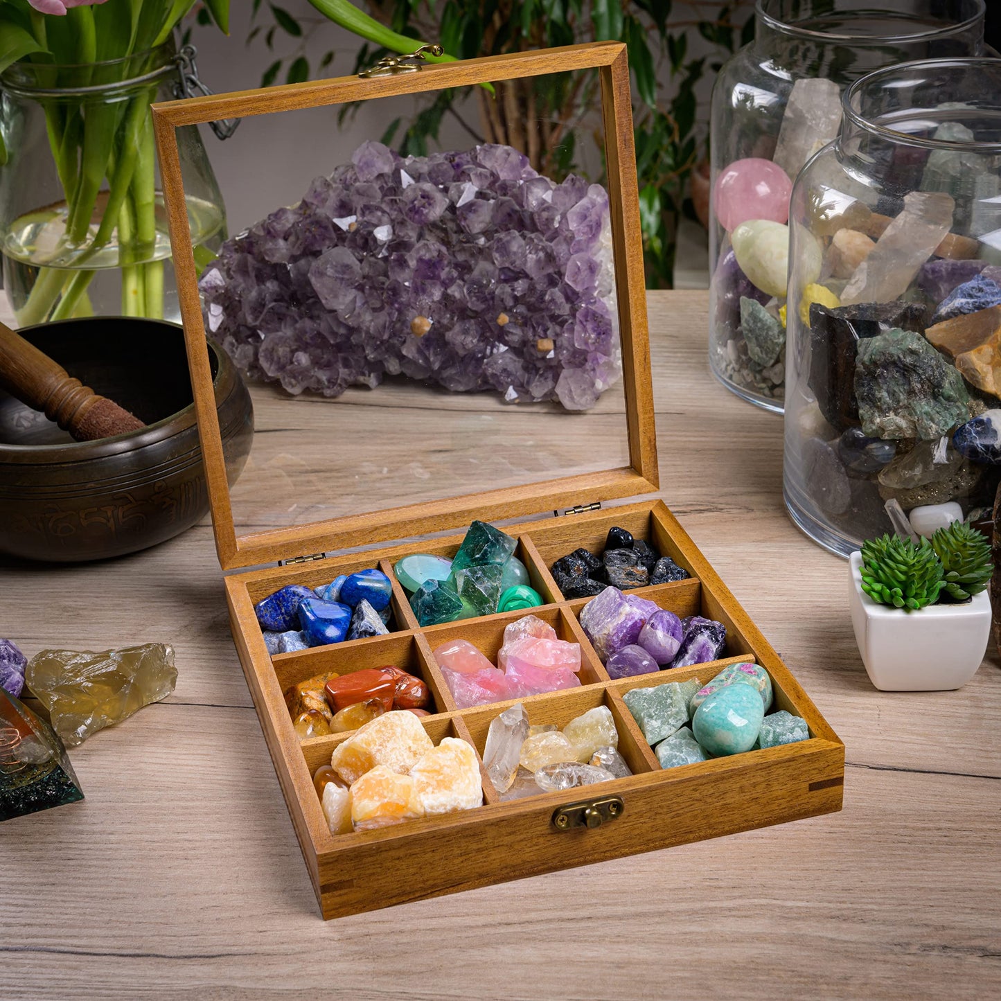 Curawood Rock Display Case - 8" x 8" Rock Collection Box for Kids & Adults - Crystal Holder for Stones Display Shelf with 9 Compartments & Acrylic Lid - Gemstone & Crystal Storage Box Organizer