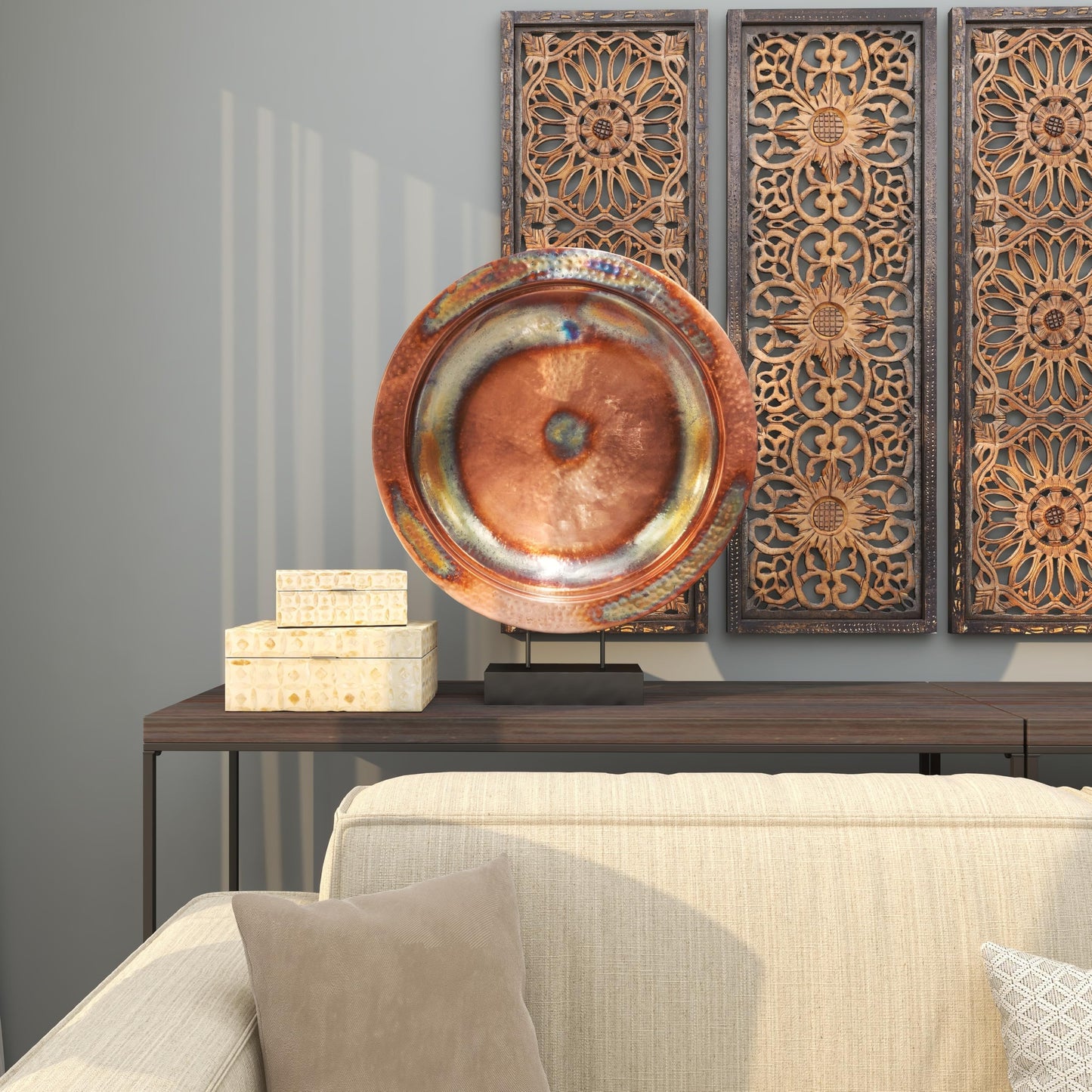 Deco 79 Metal Geometric Decorative Sculpture Home Decor Statue with Black Stand, Accent Figurine 25" x 6" x 30", Copper