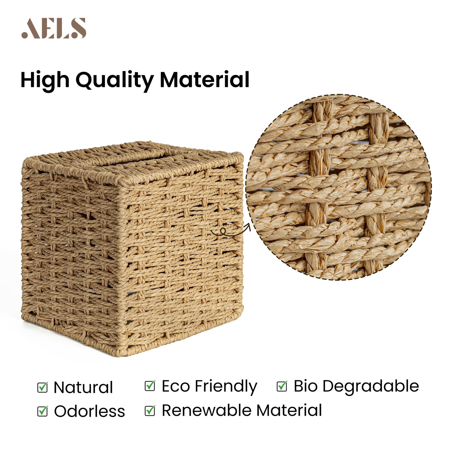 AELS Farmhouse Tissue Box Cover Square, Hand Woven Strawpaper Facial Tissue Paper Holder, Cute Tissue Box Holder Square, Boho Bathroom Decor Box for Tissues Cube Box w/Elastic Bottom, Natural