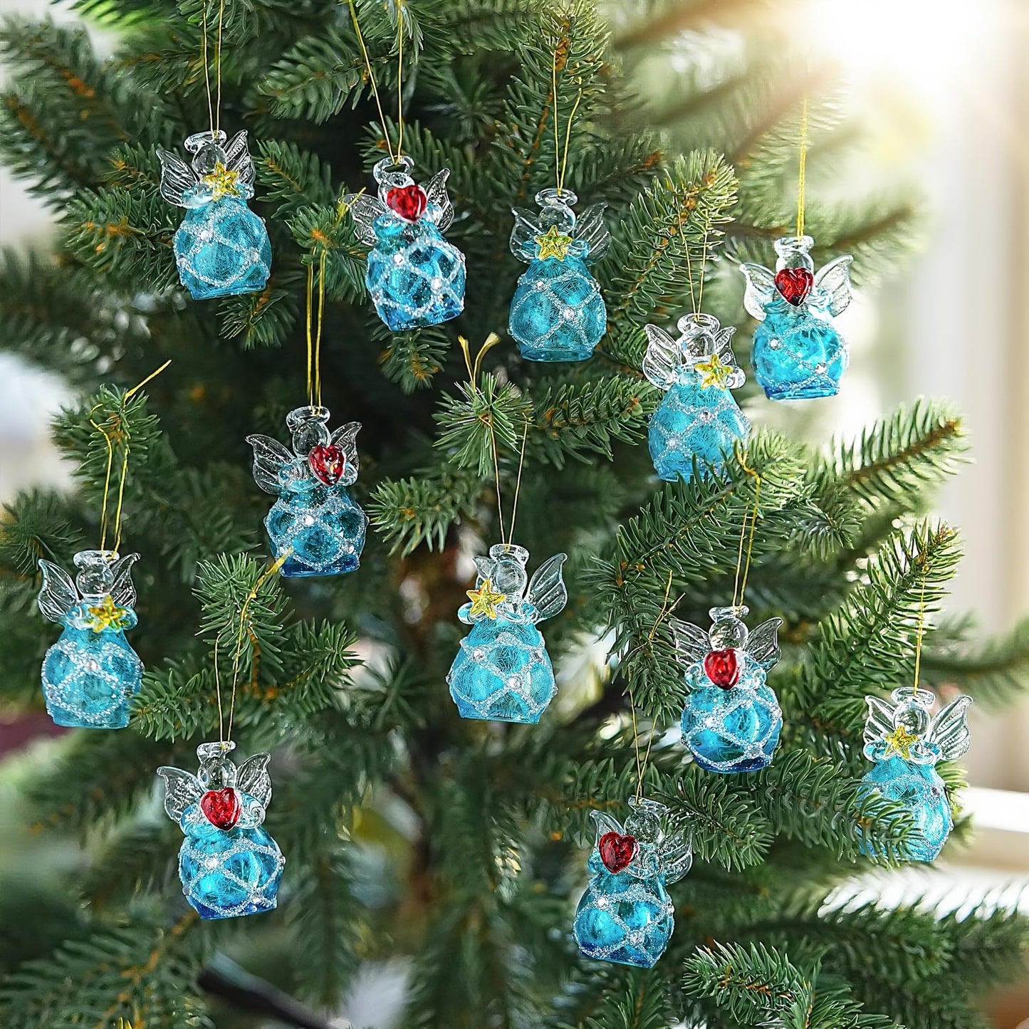 Mini Glass Angel Christmas Ornaments for Tree, Set of 12 1.6" Small Crystal Guardian Angel Ornament Bulk for Christmas Tree, 2025 Hand Blown Spun Glass Home Decor Xmas Gift (Blue)