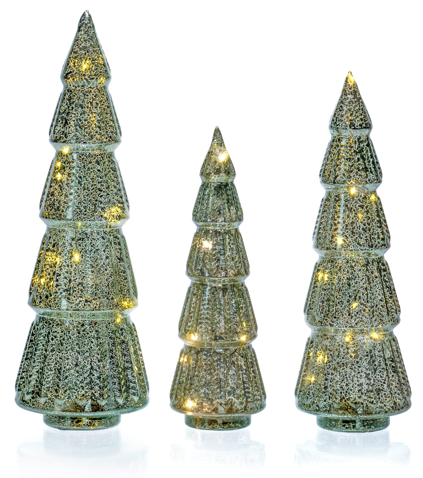 Red Co. 10.5”, 12.5”, 14.5” Light-Up Mercury Glass Christmas Tree Tabletop Display Figurine Set of 3 Sizes, Teal Blue