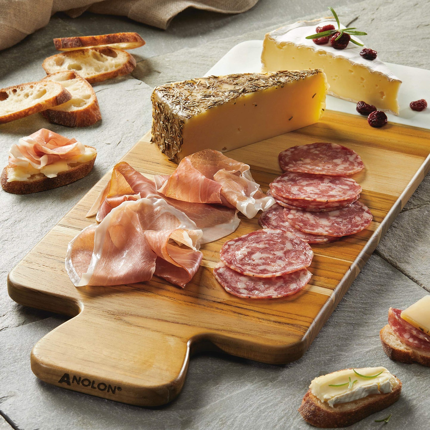 Anolon Pantryware Teak Wood and Marble Cutting Board / Teak Wood and Marble Serving Board - 9.5 Inch, Brown