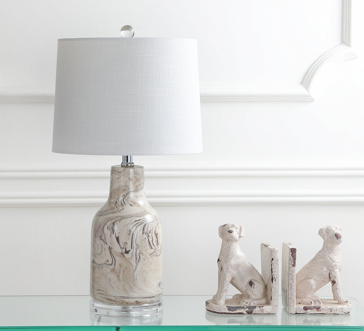 JONATHAN Y 23" Gray and White Marble Ceramic LED Table Lamp, Traditional Hand-Finished Bedside Lamp for Living Room Bedroom, White Linen Shade, LED Bulb Included JYL3004A