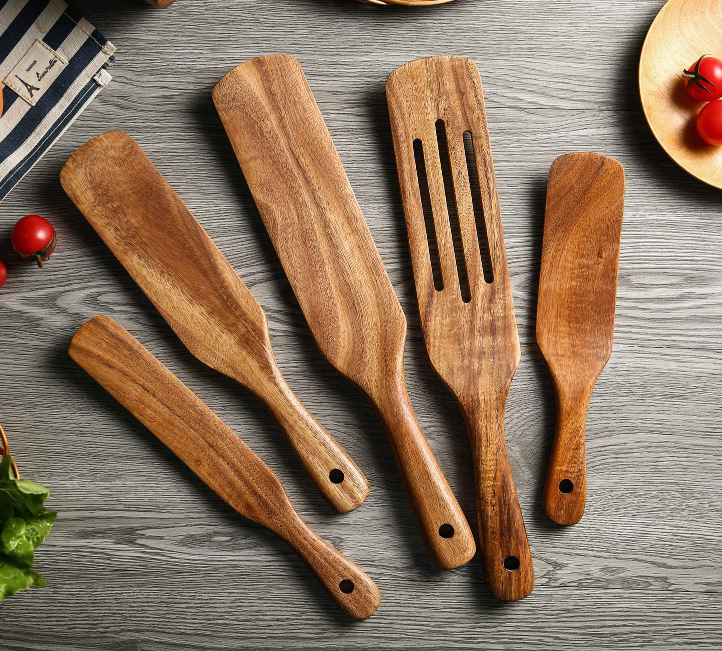 Wooden Spurtle Set, NAYAHOSE 5 Pcs Natural Teak Kitchen Utensil Set Heat Resistant Non Stick Wood Cookware with Hanging Hole, Slotted Spurtle Spatula Sets for Stirring, Mixing, Serving