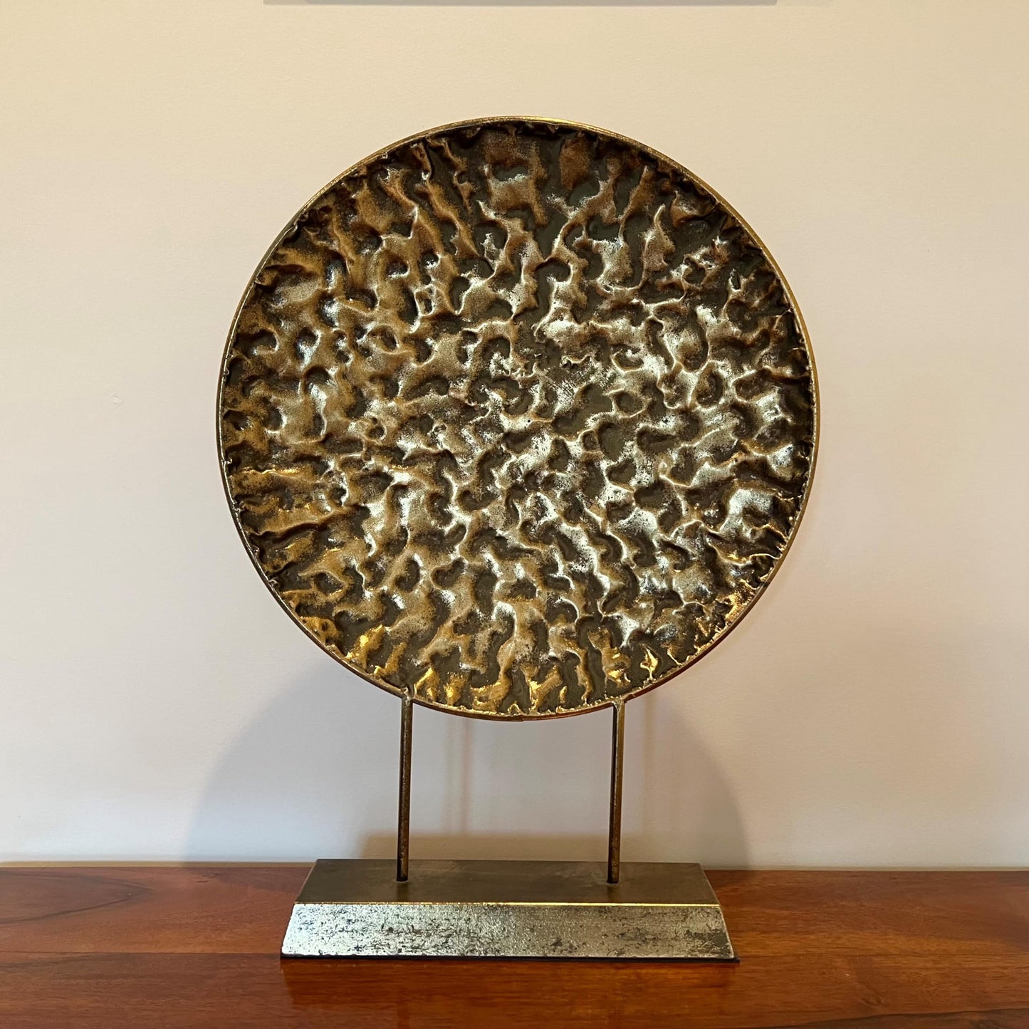 WHW Whole House Worlds Modernist Table Top Sculpture, Abstract Round, Textured Disc, Gold, Dark Patina, Post Mounted, Gallery Base, 23.5 Inches