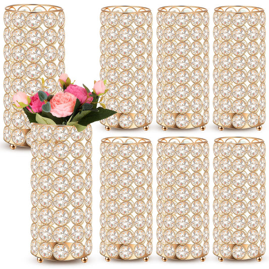 Dandat 8 Pcs Crystal Flower Vase for Wedding Table Centerpieces 7.87 in Crystal Pillar Candle Holder Metal Cylinder Flower Vase Stand for Christmas Wedding Decor Gifts Arrangement Event(Gold)