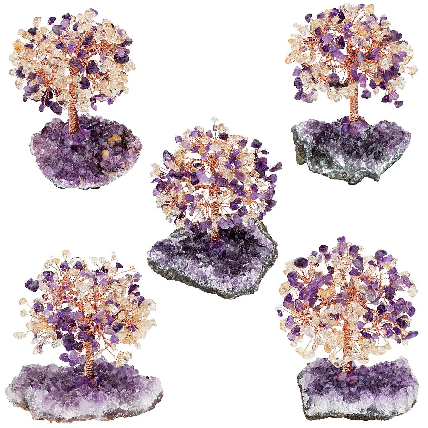 SUNYIK Healing Crystal Tree on Natural Amethyst Cluster Crystal Quartz Base, Handmade Crystal Bonsai Money Tree for Wealth and Luck 4.5-6" Tall, Purple/Yellow