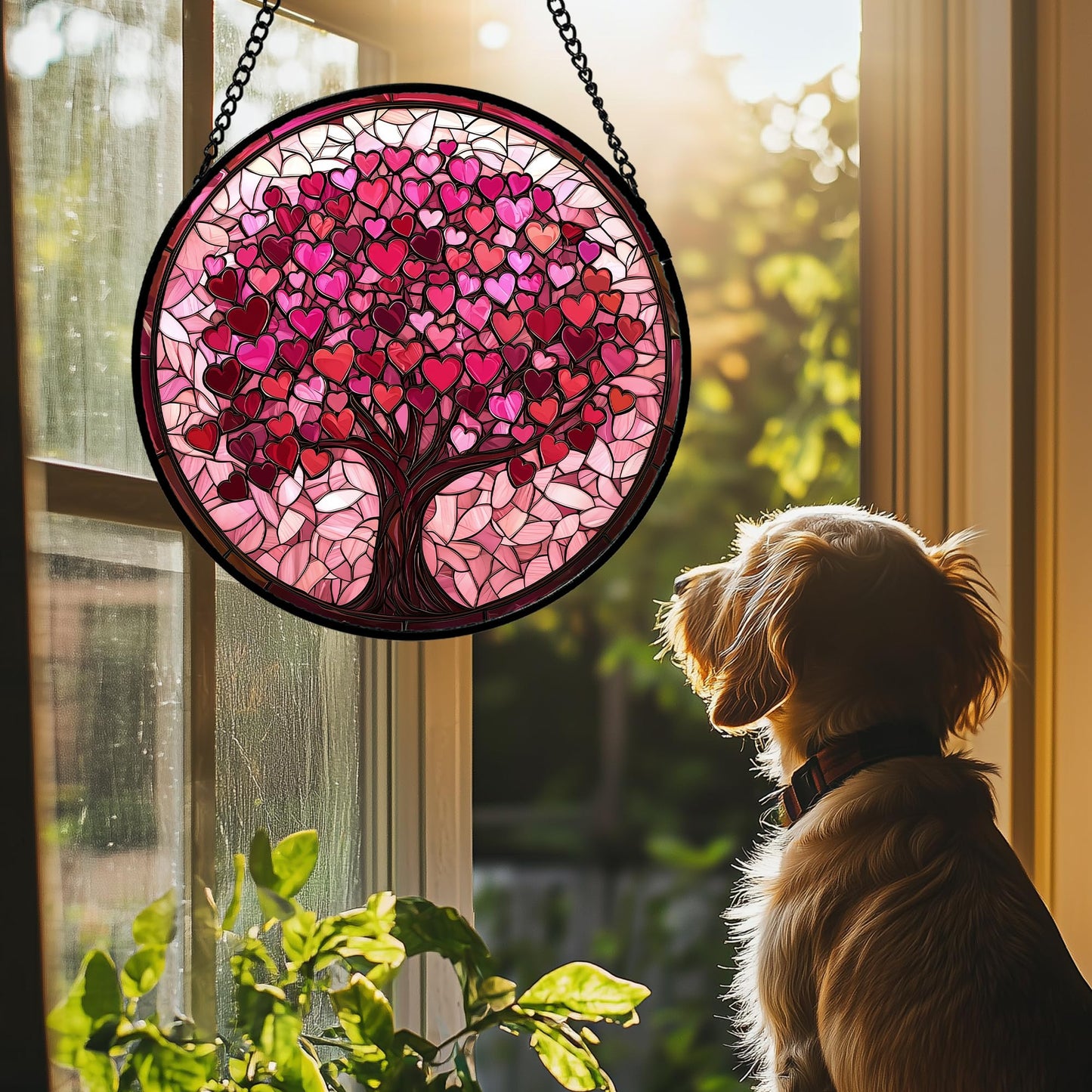 Stained Glass Window Hanging, Birthday Gifts for Women Mom Grandma Nana Wife Couple, Pink Love Tree Suncatcher for Doors Window Home Sun Catchers Gifts Decor 7.8 in