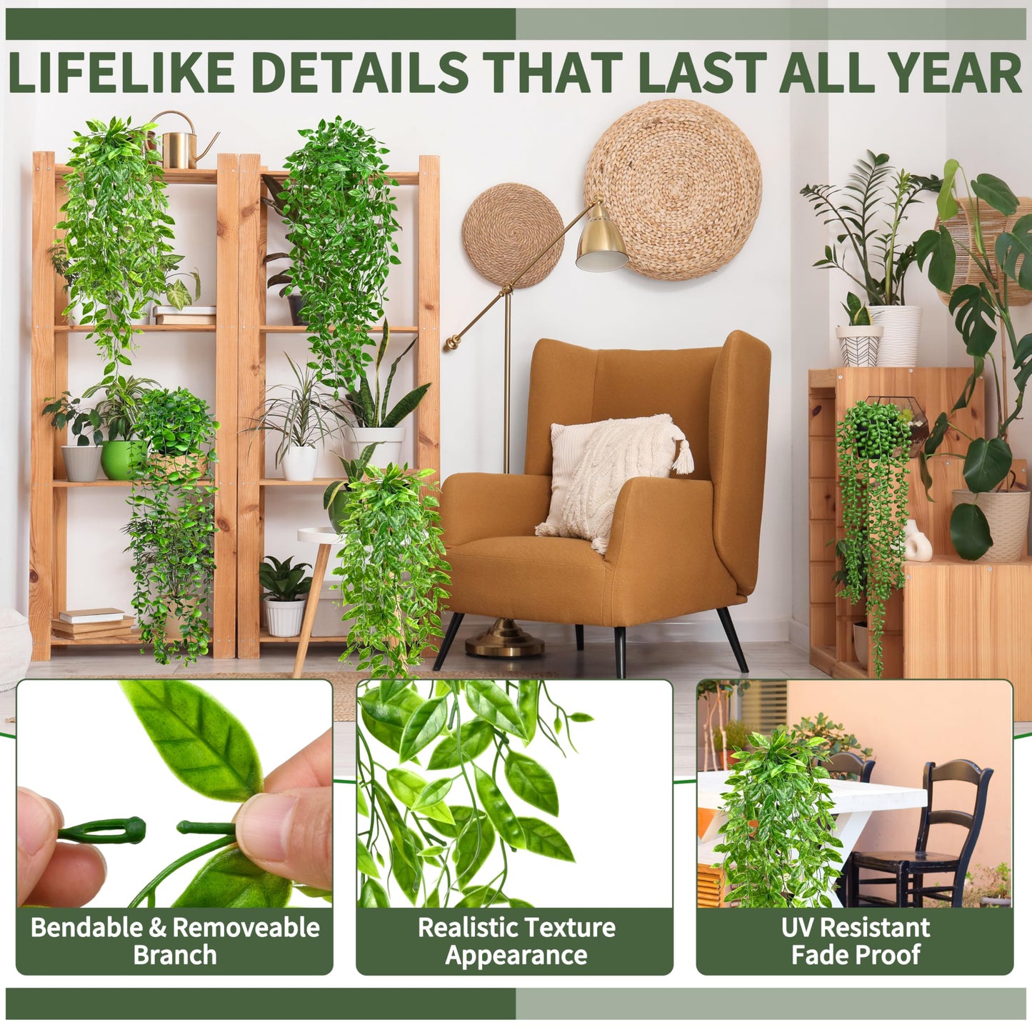 Palonu 4 Pack Faux Artificial Hanging Plants, UV Resistant Fake Potted Greenery with Eucalyptus Vine, Mandala, Pea Pod Leaves & String of Pearls in Pots for Living Room Bathroom Indoor Outdoor Décor