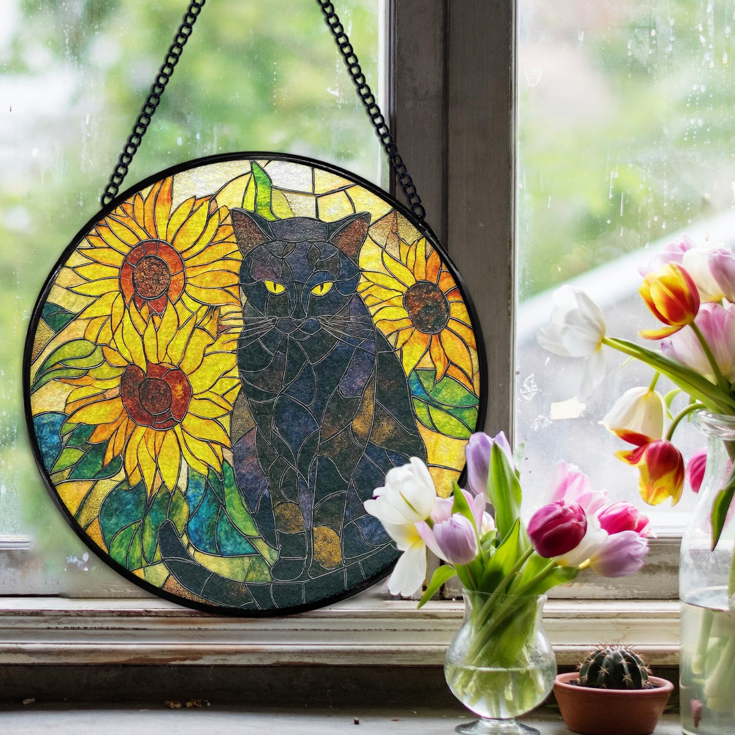 Hiuwevt Black Cat Sunflower Suncatcher Stained Glass Window Hanging, Cat Flower Sun Catchers Indoor Window Glass Wall Art Decor, Black Kitten Sunflower Round Wall Hanging Decorations, 7.9x7.9 inch