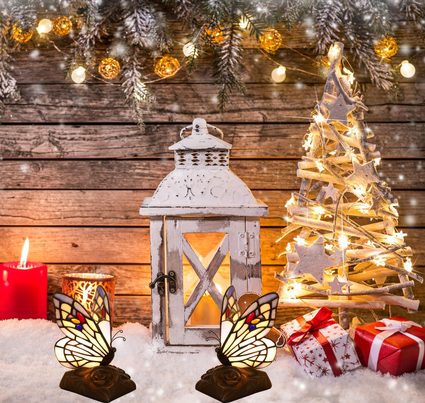 Tiffany Mini Table Lamp Blue Butterfly Stained Glass Cute Night Lights Hand-made 3 Color-temperature Table Lamps For Bedroom Bedside Nightstand Desk Lamps Christams Gifts (3X4X6.5inch) W/ LED Bulb