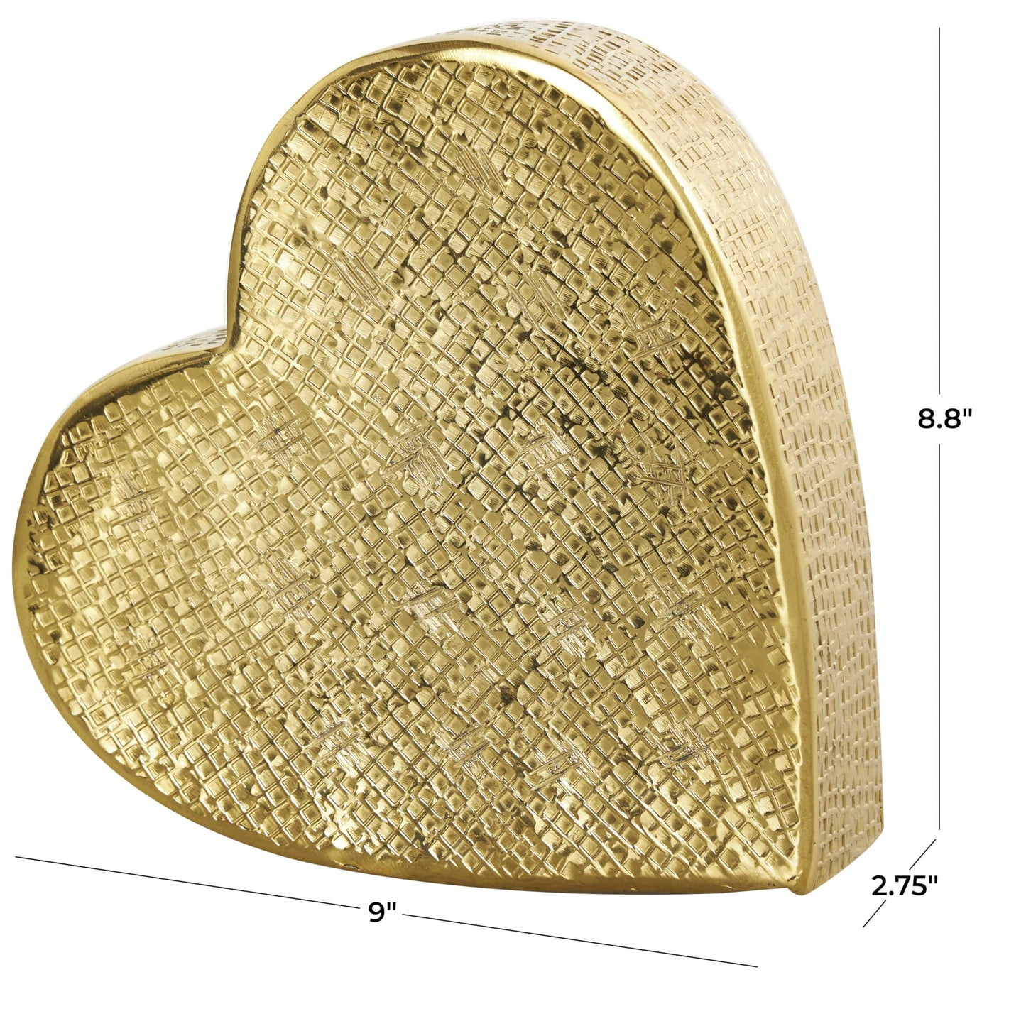 Deco 79 Aluminum Metal Heart Decorative Sculpture Slanted Home Decor Statue with Cube Textured Exterior, Accent Figurine 9" x 3" x 9", Gold
