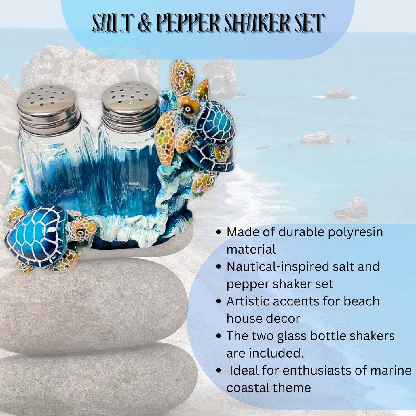 Nautical Sea Turtle Salt and Pepper Shakers Set with Holder for Beach House Interior Style - Coastal Living Room Accents, and Marine Life Theme Decorative Shakers Set