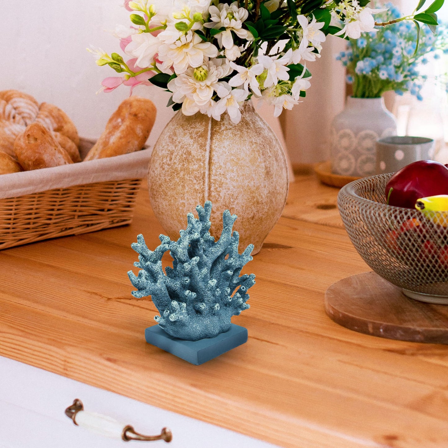Gift Boutique Blue Coral Decor Coastal Tabletop Sculpture Nautical Beach House Accent Resin Ocean Reef Figurine Shelf Mantel Bathroom Living Room Decor