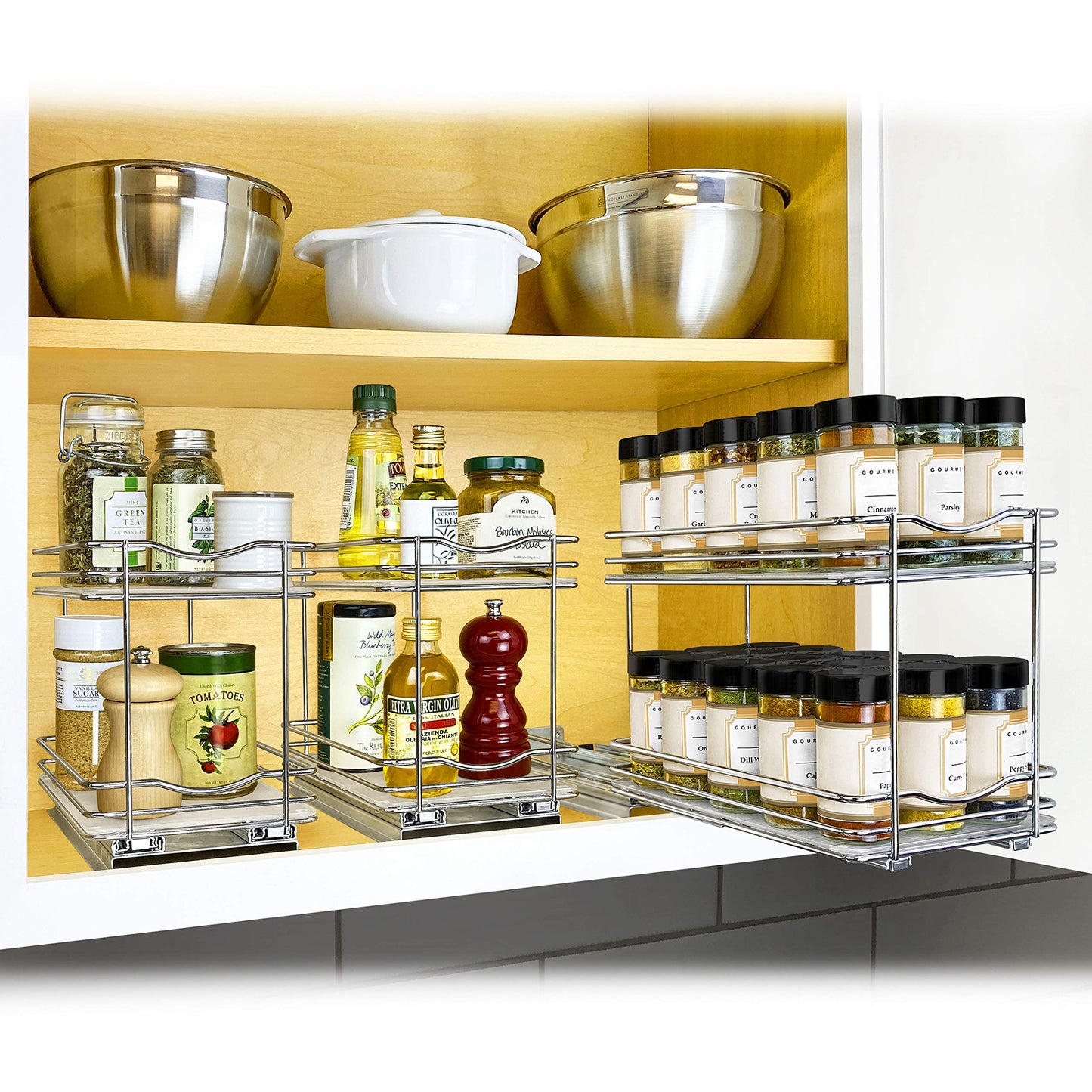 LYNK PROFESSIONAL® Pull Out Spice Organization for Cabinets - 6-3/8 inch Wide – Spice Rack for Inside Cabinets, Slide Out Spice Rack Organizer for cabinet – Pull Out Spice Rack, Sliding 2 Tier Chrome