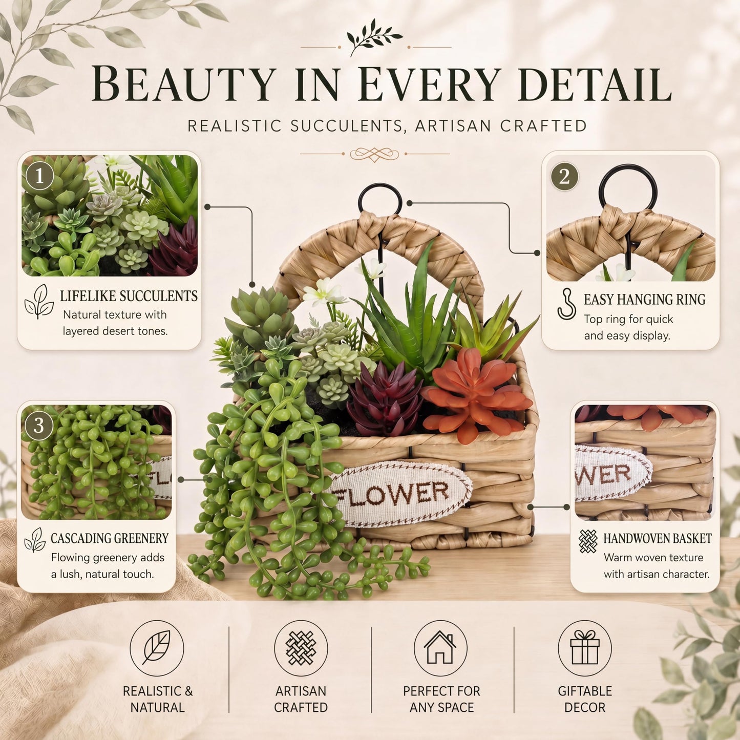 Gresorth 9 Pcs Fake Succulents Hanging Assorted Plants in Woven Basket Artificial Succulent Plant Arrangement Faux String of Pearls Aloe Aeonium Decoration Cabinet Shelf - 8.8 Inch