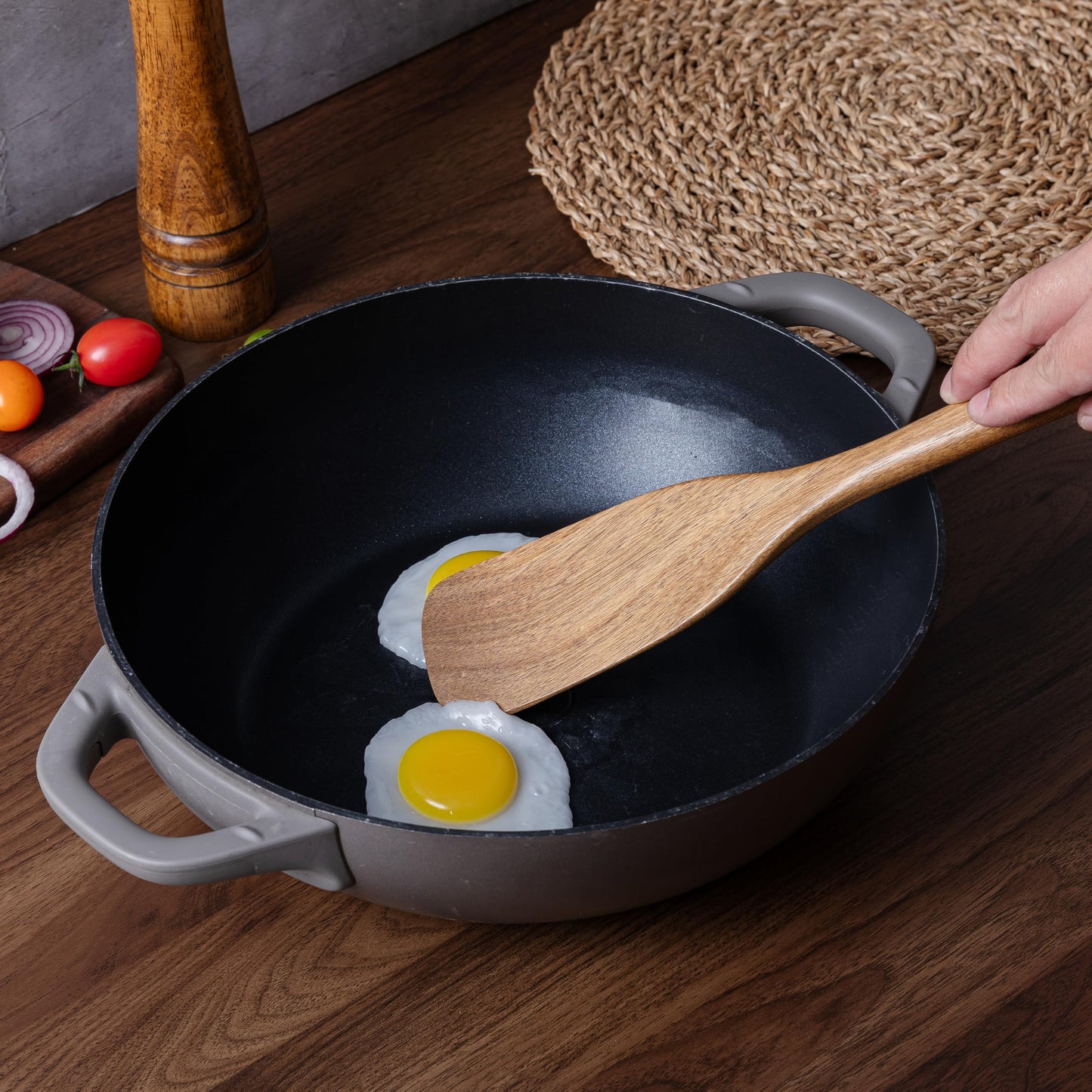 Wooden Spatulas & Spurtle Sets of 2, 13.25" Durable Flat Turner and Slotted Spatula for Nonstick Cookware, Long Handle Natural Acacia Wooden Cooking Utensils, Kitchen Utensils Set for Cooking