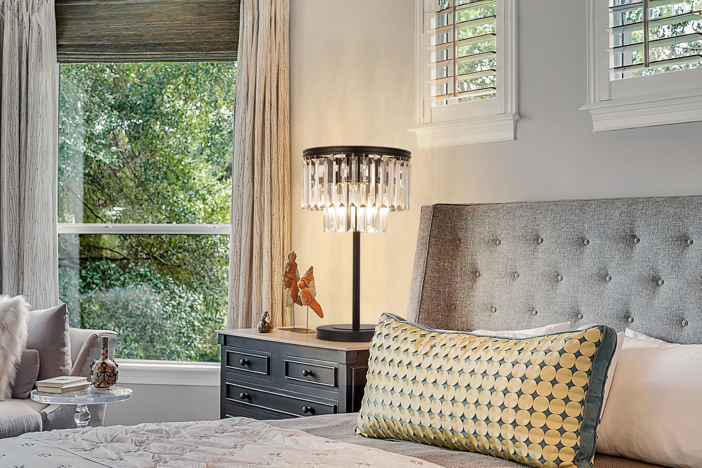 Wellmet 3 Lights Crystal Table Lamp, Bedside Lamp for Bedroom