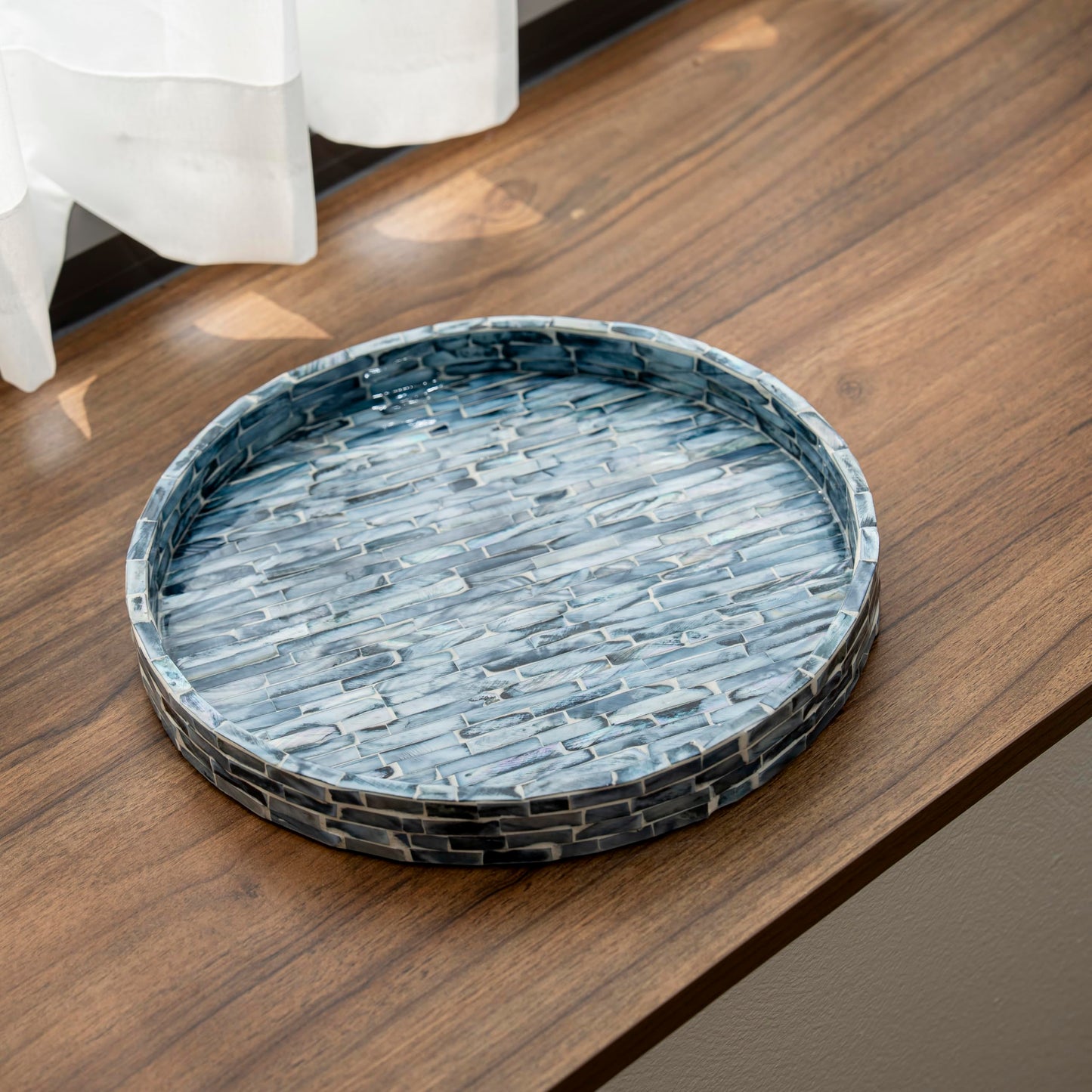 PEMAR Mother of Pearl Decorative Round Tray, 11-Inch Handmade Mosaic Inlay Vanity Tray for Dresser, Coffee Table & Bathroom Decor - Luxury Small Serving Tray for Jewelry, Perfume & Candles (Dark Blue)