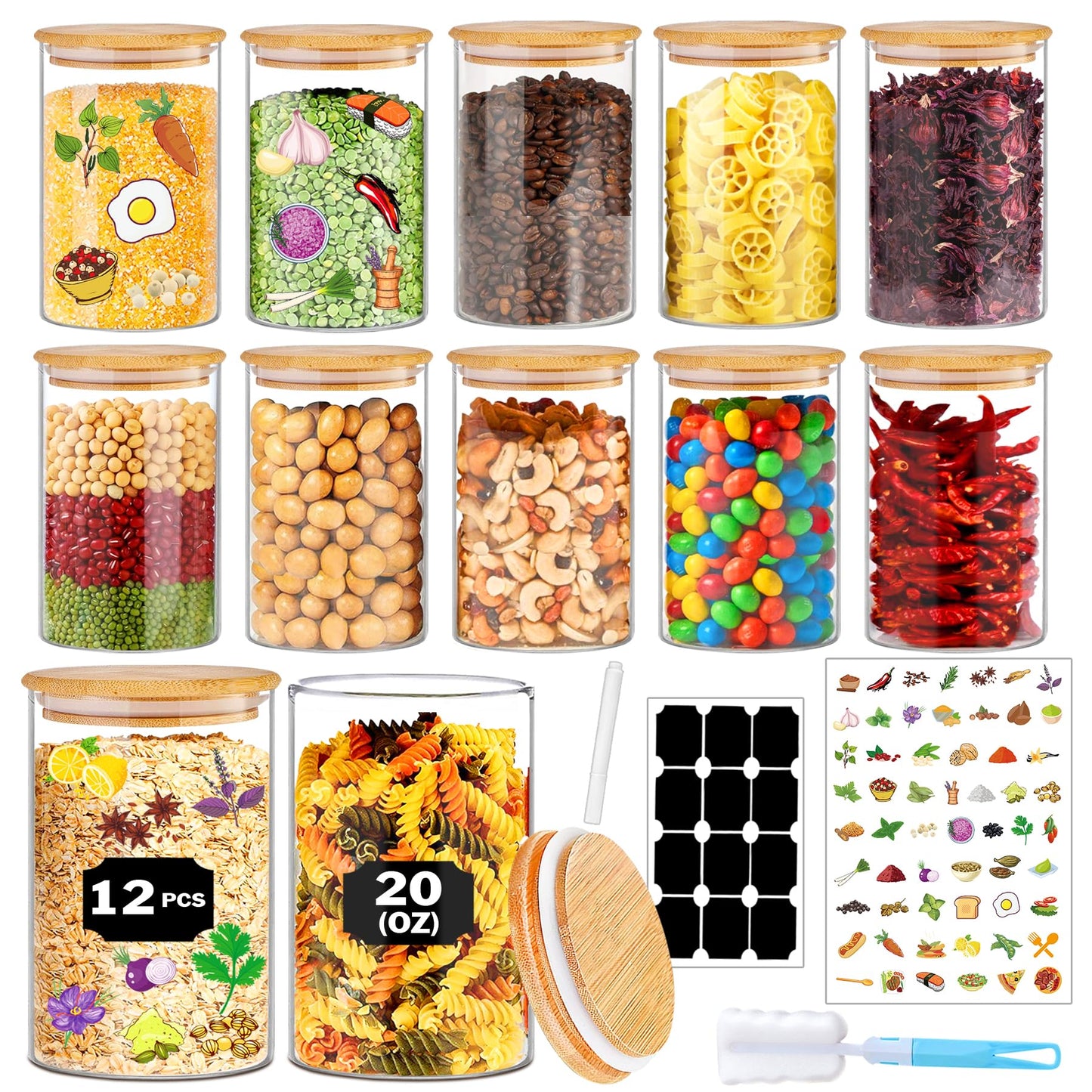 BGraceyy Glass Jars with Bamboo Lids 20 oz, 12 Pcs Stackable Kitchen Glass Pantry Storage Containers with Airtight Bamboo Lids for Rice, Candy, Sugar, Flour, Nuts, Cookie, Bean