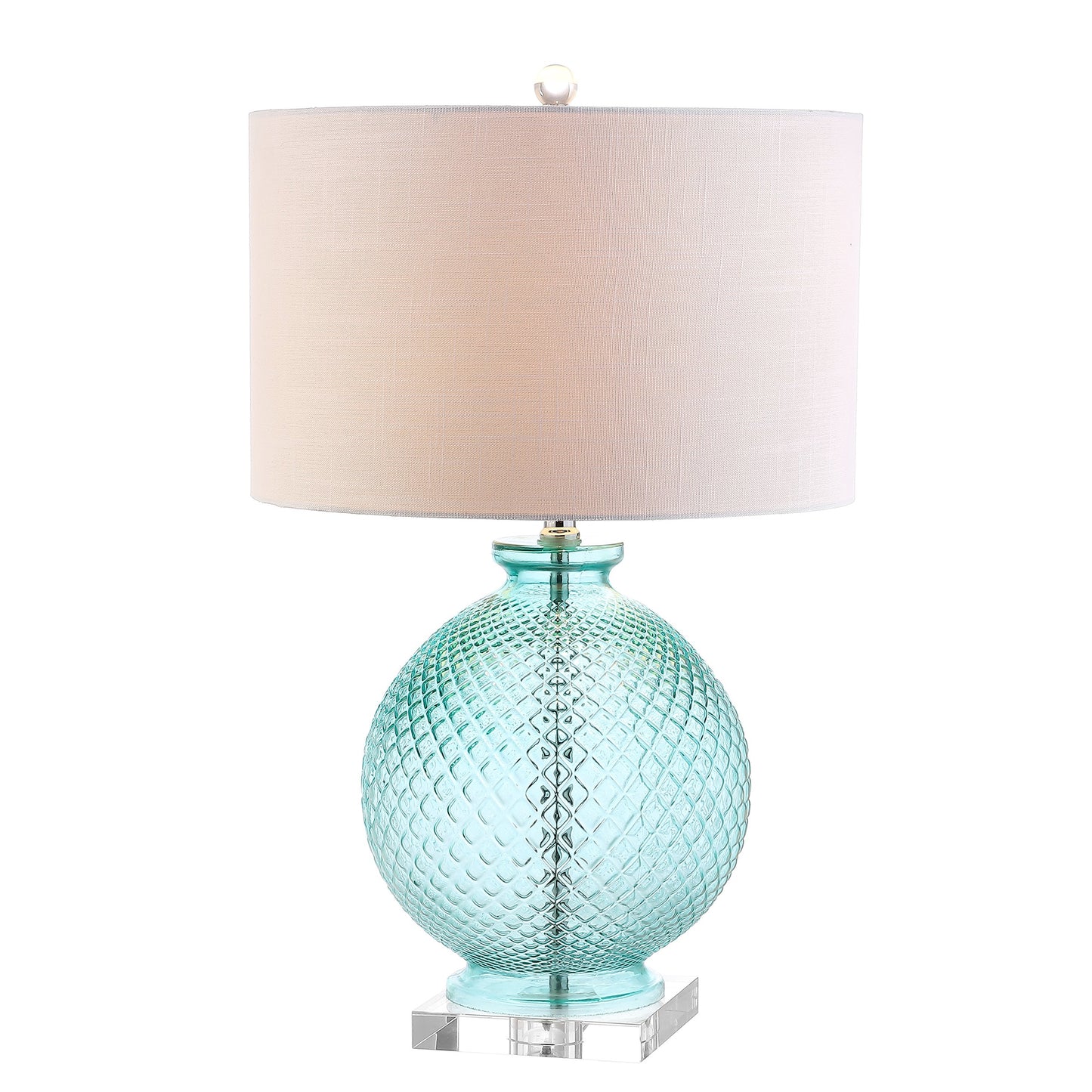 JONATHAN Y 26" Aqua Diamond-Etched Glass and Crystal Table Lamp, Coastal Transitional Bedside Lamp with White Linen Drum Shade for Living Room, LED Bulb Included JYL2003A