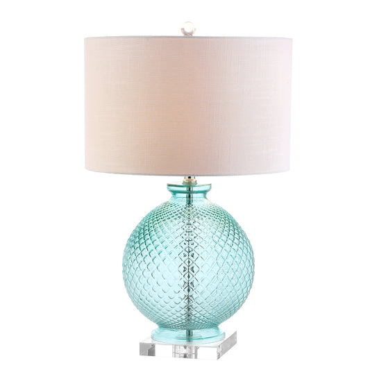 JONATHAN Y 26" Aqua Diamond-Etched Glass and Crystal Table Lamp, Coastal Transitional Bedside Lamp with White Linen Drum Shade for Living Room, LED Bulb Included JYL2003A