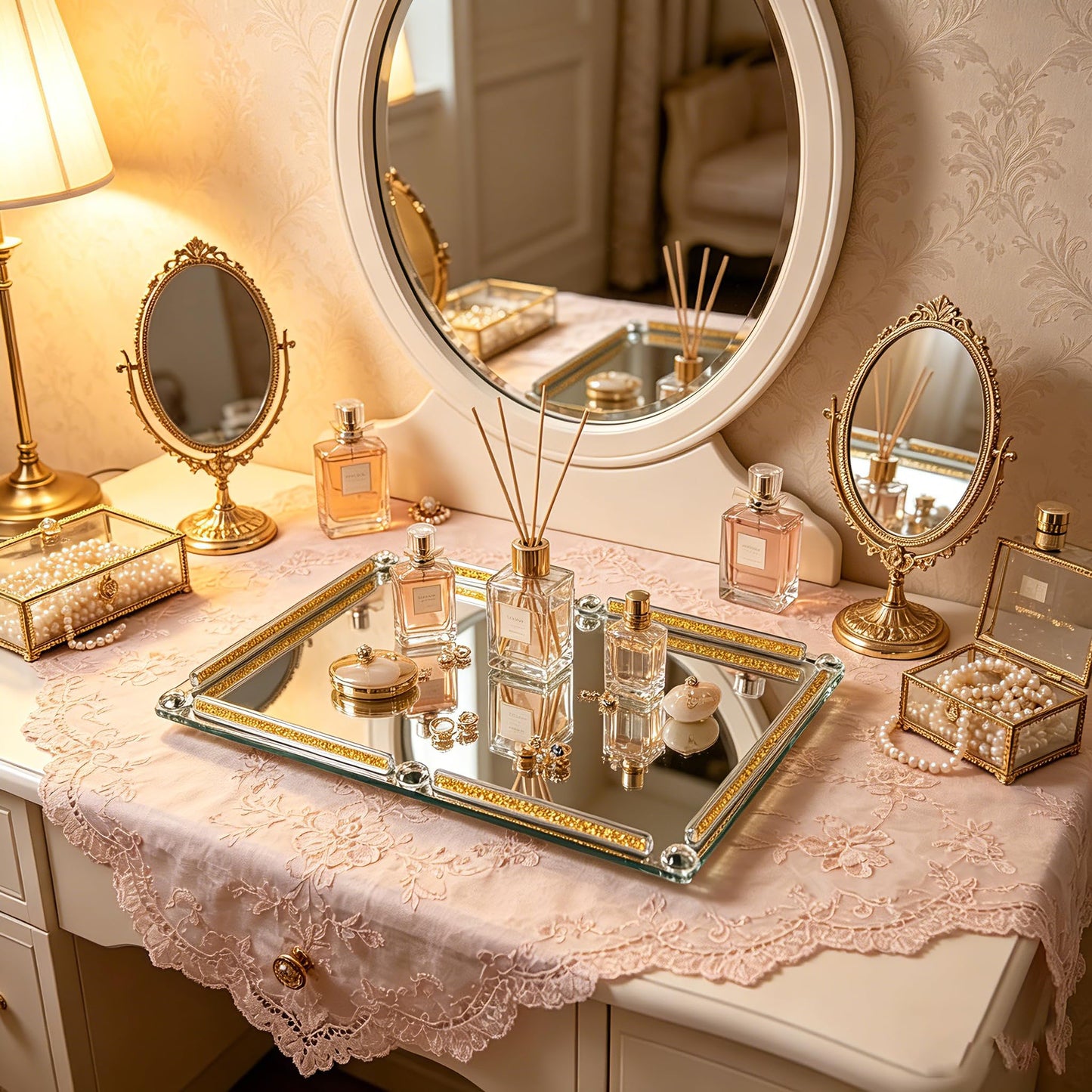 YCWF Large Mirror Perfume Tray for Dresser,Crushed Diamond Filled Glass Vanity Tray,Gold Decorative Bathroom Tray,Crystal Tray for Home Decorative,Party,Hotel Banquet,15.7x11.8x1.4inch,Gold