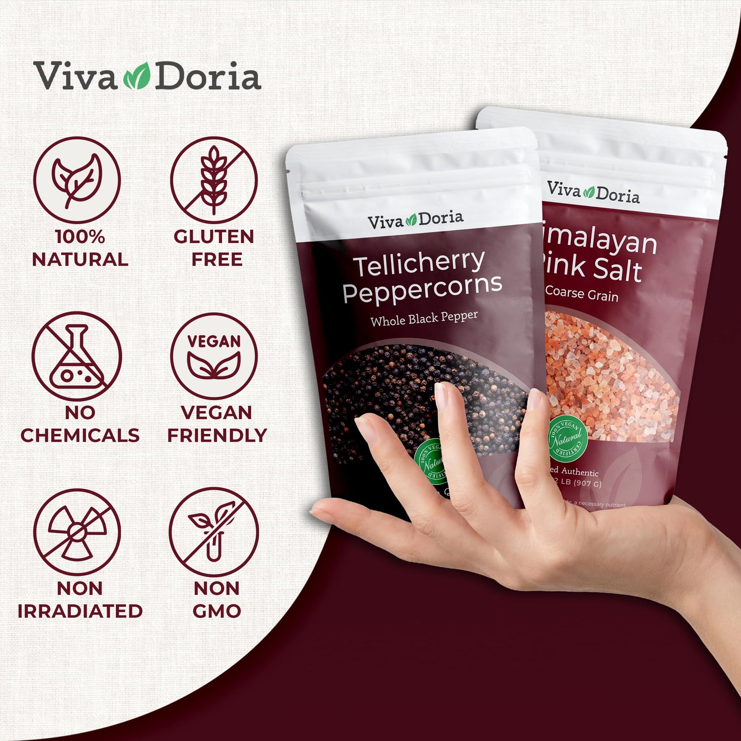 Viva Doria Tellicherry Whole Black Peppercorns, 12 oz & Himalayan Pink Salt, Coarse Grain, 2 lb | Salt and Pepper Combo, For Grinder Refills, 2 Piece Set