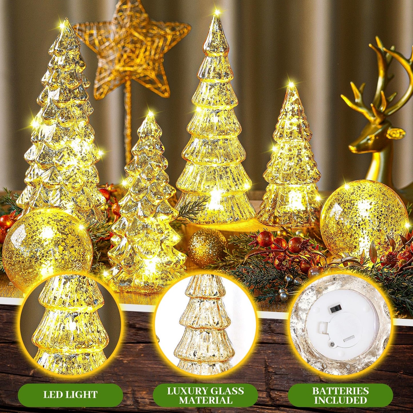 Syhood 6 Pcs Gold Mercury Glass Christmas Tree for Tabletop Light up Figurine Christmas Tree Mercury Cracked Glass Globe with Light for Xmas Decor Home Party Centerpiece Mantel Gift