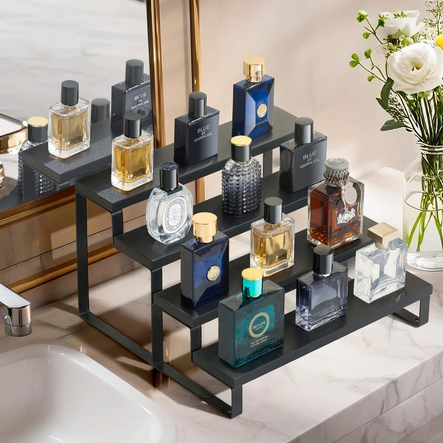 Wood Cologne Organizer for Men,12 Inch 4 Tier Cologne Stand Waterproof Perfume Organizer for Dresser with Anti-Slip Washers,Wooden Display Risers Stand for Party,Makeup,Figures,Cupcake,Perfume,Dessert
