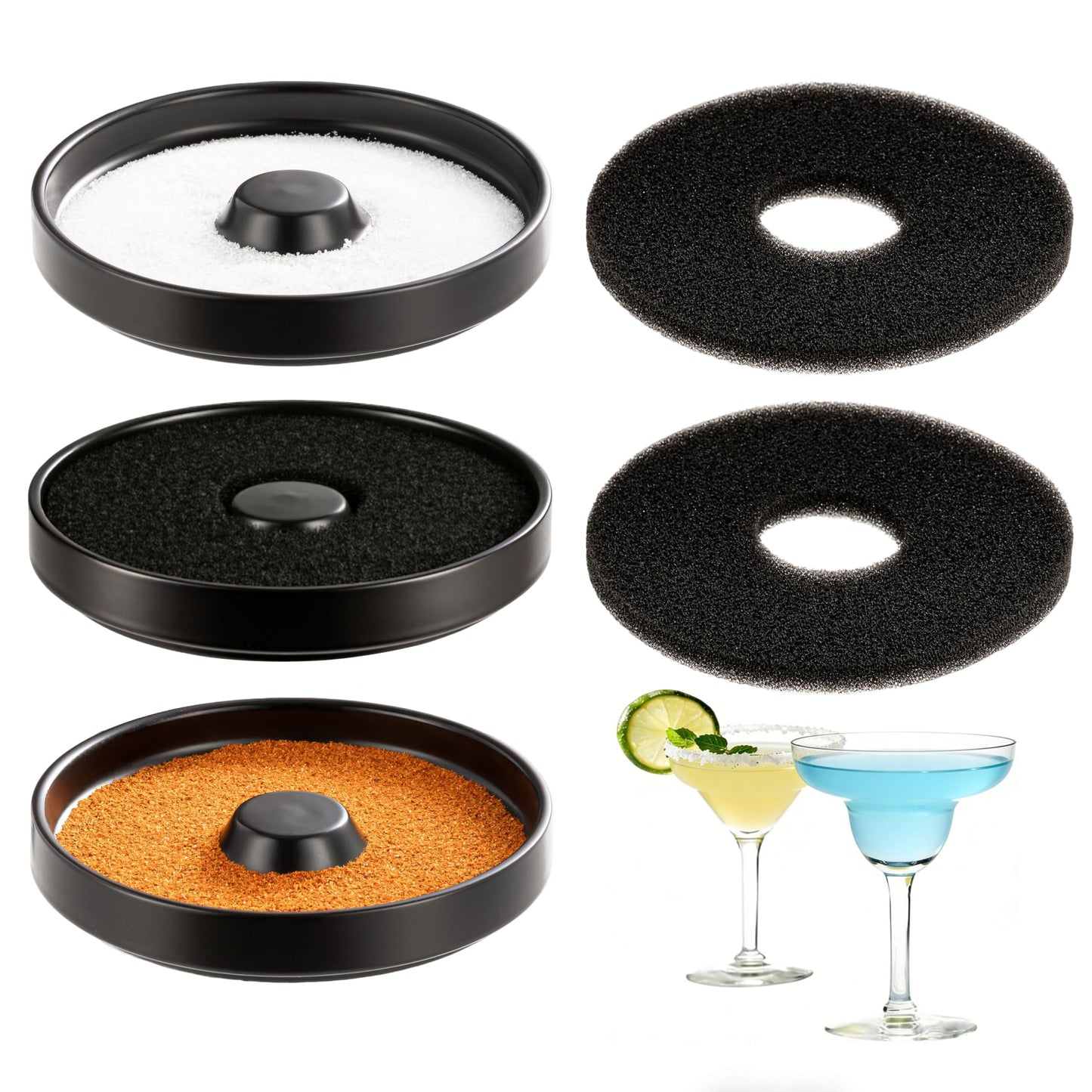 Margarita Salt Rimmer Set, Premium Ceramic Cocktail Glass Rimmer with 3 Bowls & Absorbent Pads, Matte Black Bar Rimmer for Salt, Sugar & Lime Juice, Home Bar & Party Essentials