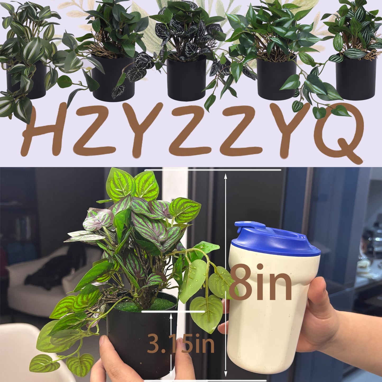 HZYZZYQ 6 Pack Artificial Potted Plants - Fake Trailing Greenery with Unique Variegated/Striped/Dark-Veined Leaves - Small Faux Plants for Desk, Bathroom, Shelf Decor - No Watering Needed