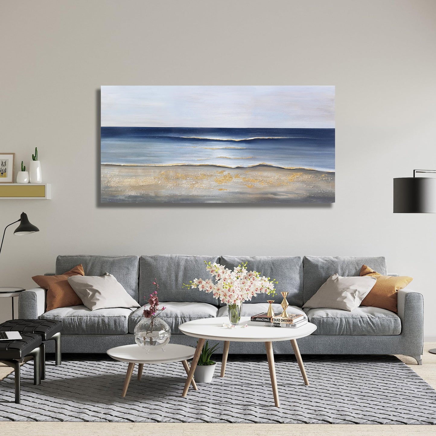Yuaxker Ocean Wall Art Blue and Gold Modern Minimalist Wall Decor Sea Wave and Beaches Canvas Painting for Living Room Bedroom Dinning Room Home Office Home Decor 24x48 inch