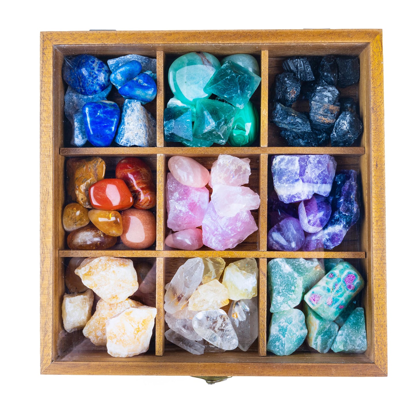 Curawood Rock Display Case - 8" x 8" Rock Collection Box for Kids & Adults - Crystal Holder for Stones Display Shelf with 9 Compartments & Acrylic Lid - Gemstone & Crystal Storage Box Organizer