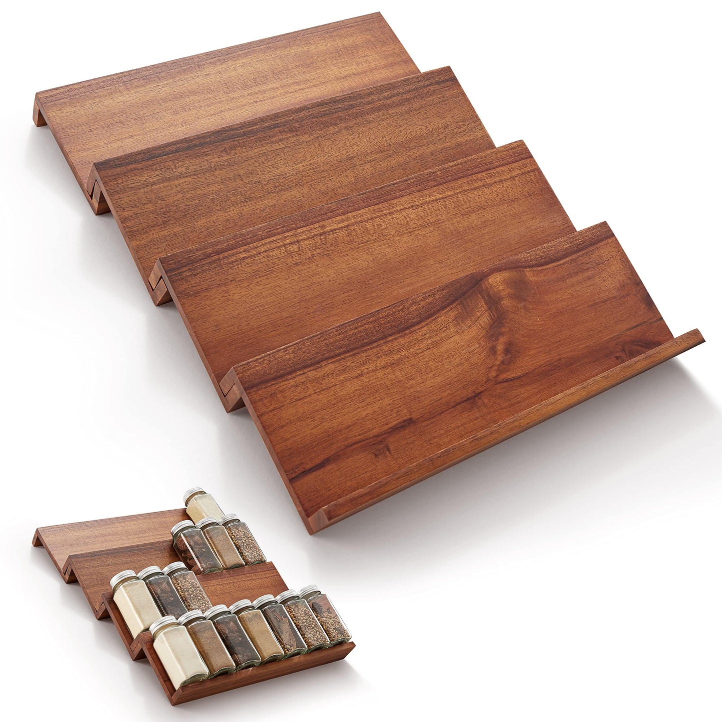 Tinamo Acacia Wooden Spice Rack Organizer for Cabinet - Spice Drawer Insert, Spice Organization for Cabinet, Seasoning Organizer, Spice Holder Pack of 4 (Acacia pack 4)