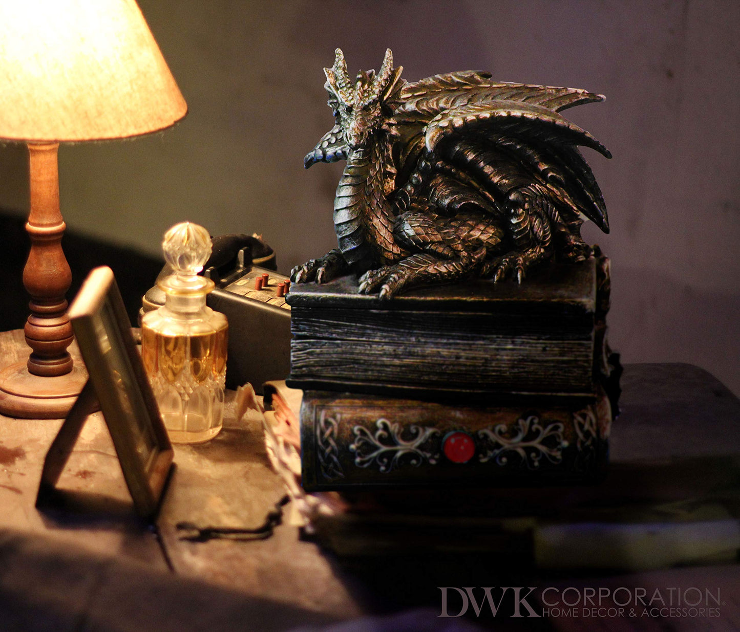 Guardian of Bibliophiles Stone Finish Dragon on Books Resin Trinket Box with Hidden Compartment - Gothic Medieval Dresser Decorative Accent - 8 Inches High