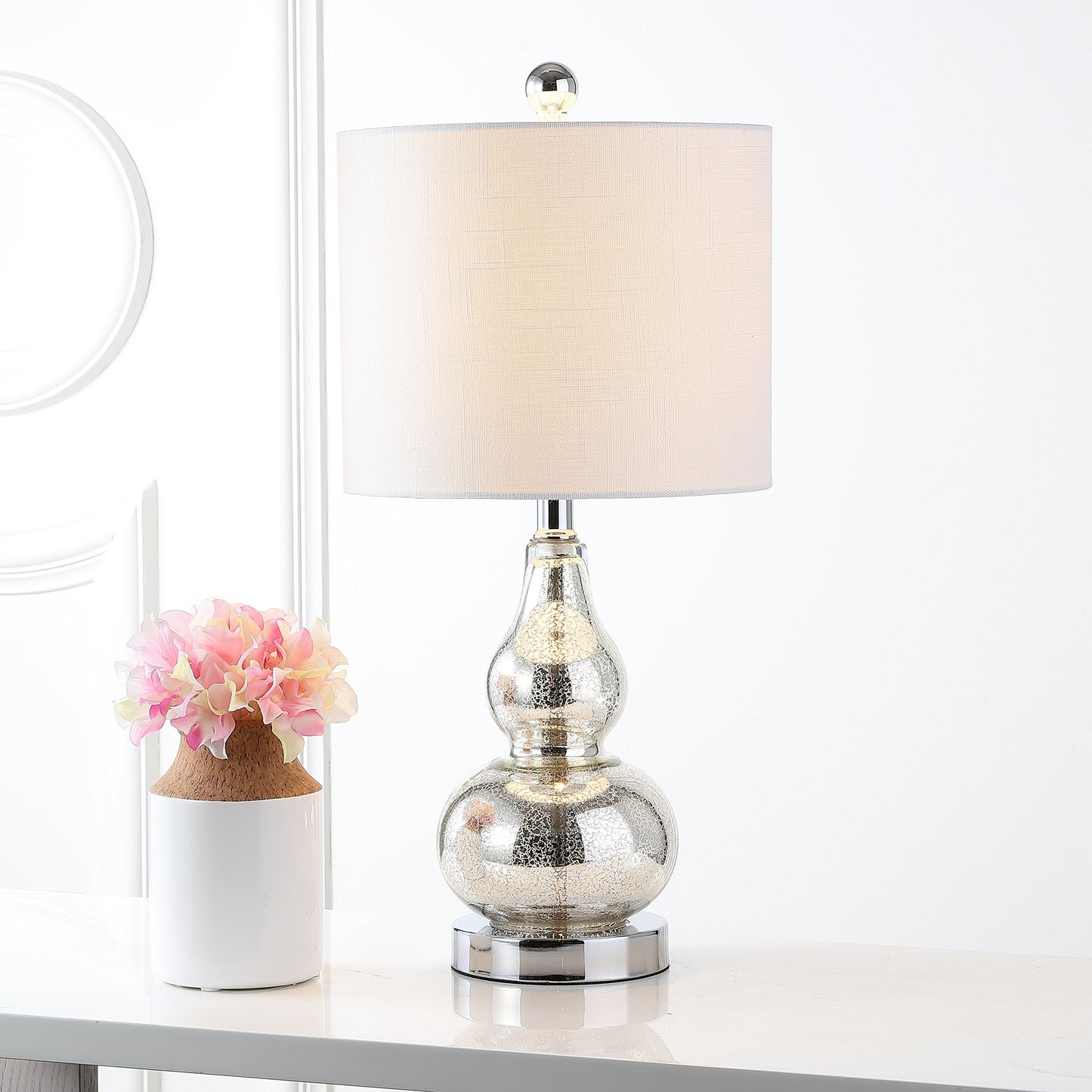 JONATHAN Y 20.5" Mercury Silver Glass Table Lamp, Modern Gourd Bedside Nightstand Lamp for Bedroom, Living Room, White Linen Shade, LED Bulb Included (JYL1028C)