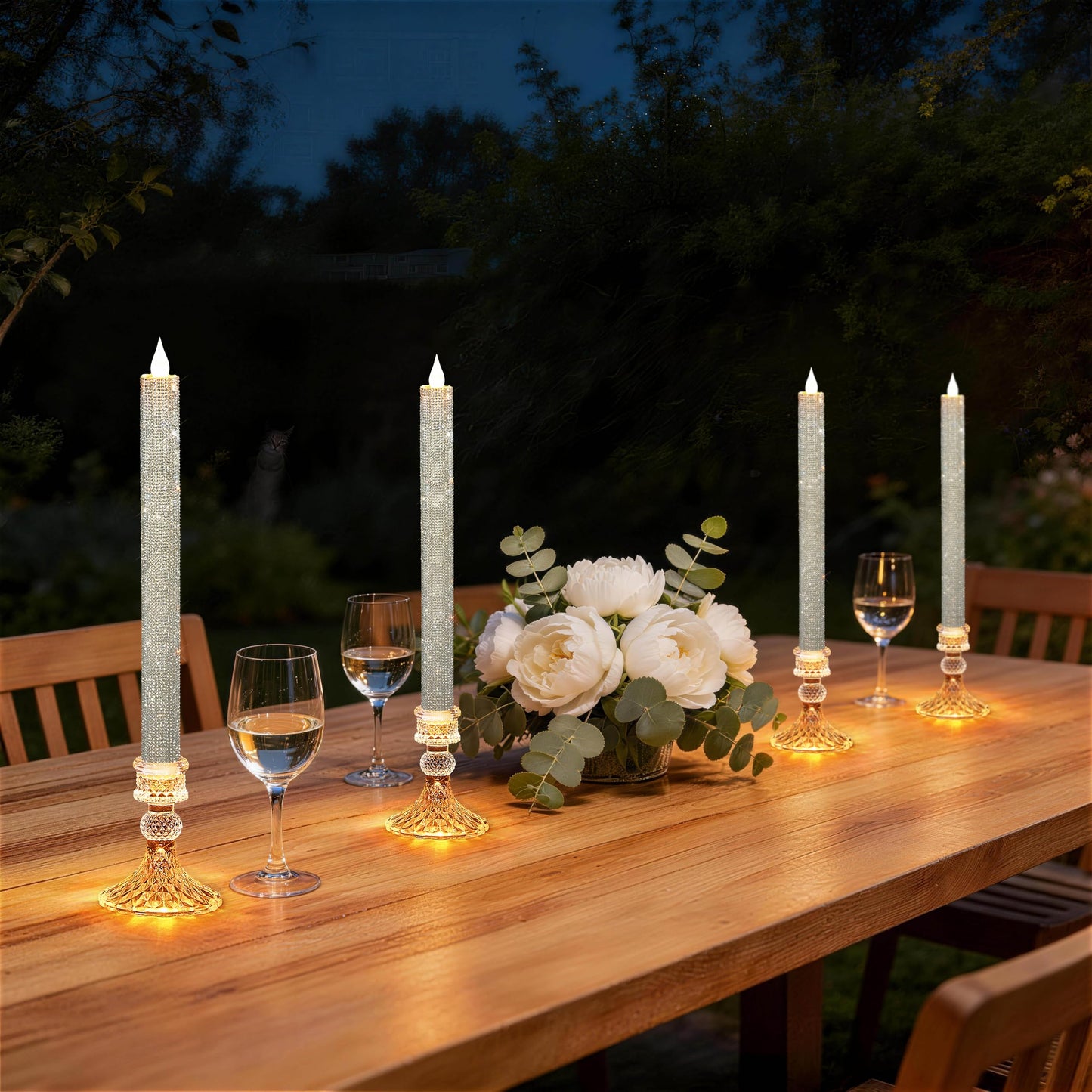 MISSTIME Flameless Taper Candles Wish Illuminated Holder-Glass Candle Holder, Remote Timer 2AA Battery Operated 500+ Hours for Thanksgiving/Xmas Decor, Wedding Centerpiece (Crystal Silver, 2 Pack)