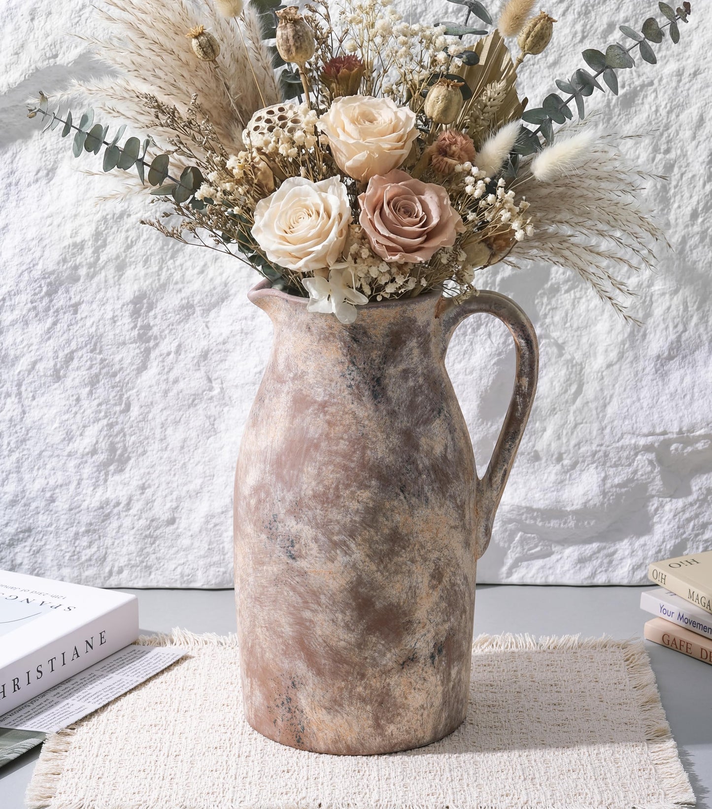 Ceramic Flower Vase with Handles,11" Neutral Tall Clay Terracotta Vases Farmhouse Table Vases with Handle Living Room Decor Rustic Pottery Pots for Home Shelf Coffee Dining Desk Fireplace