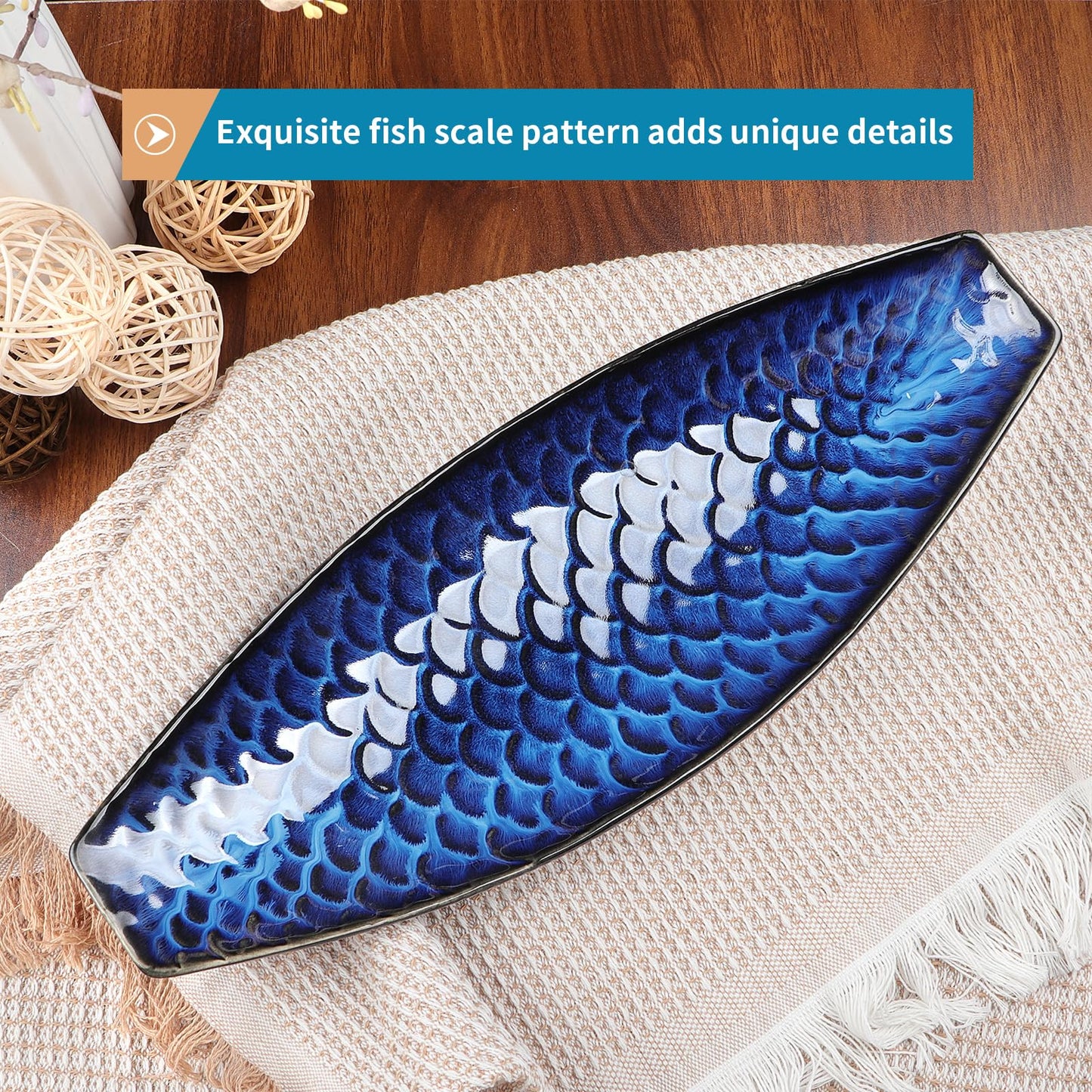 Sanbege 16" Large Ceramic Decorative Tray, Long Boat Shaped Centerpiece Bowl, Multipurpose Serving Platter for Home, Party Decor or Sushi, Fruits, Desserts (Blue)
