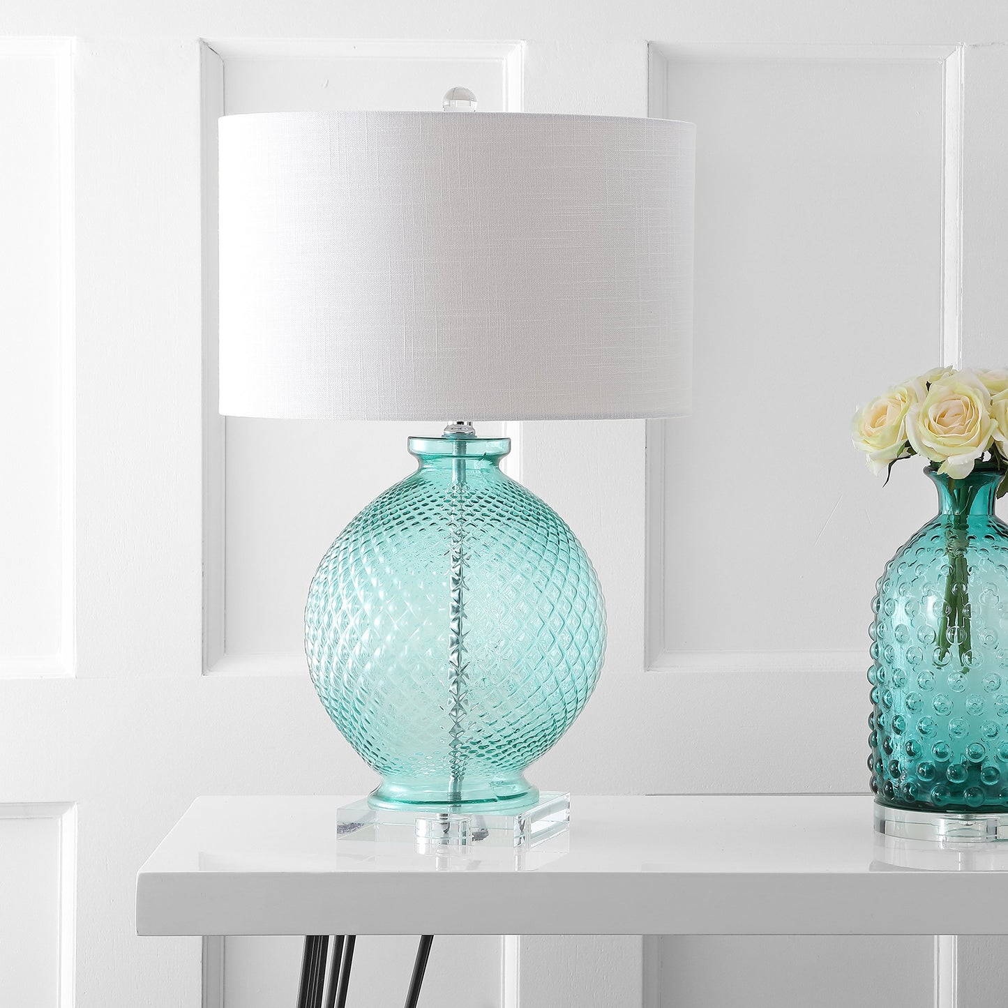 JONATHAN Y 26" Aqua Diamond-Etched Glass and Crystal Table Lamp, Coastal Transitional Bedside Lamp with White Linen Drum Shade for Living Room, LED Bulb Included JYL2003A
