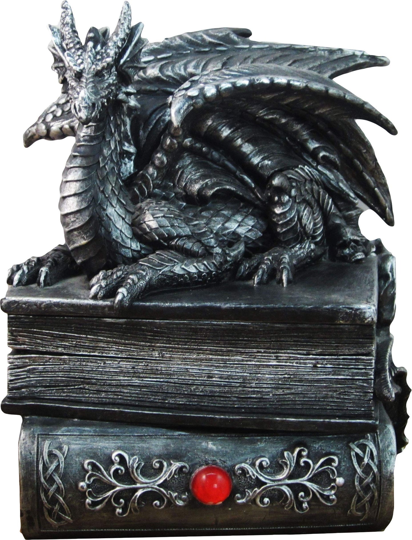 Guardian of Bibliophiles Stone Finish Dragon on Books Resin Trinket Box with Hidden Compartment - Gothic Medieval Dresser Decorative Accent - 8 Inches High