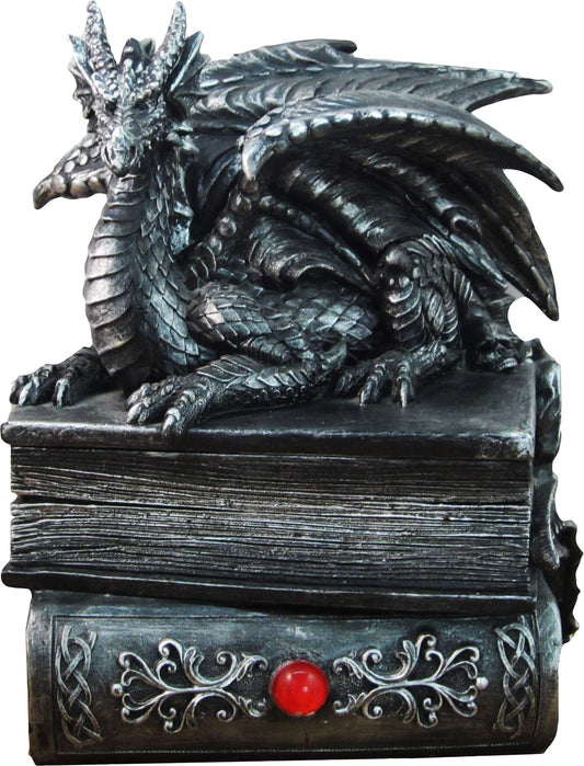 Guardian of Bibliophiles Stone Finish Dragon on Books Resin Trinket Box with Hidden Compartment - Gothic Medieval Dresser Decorative Accent - 8 Inches High