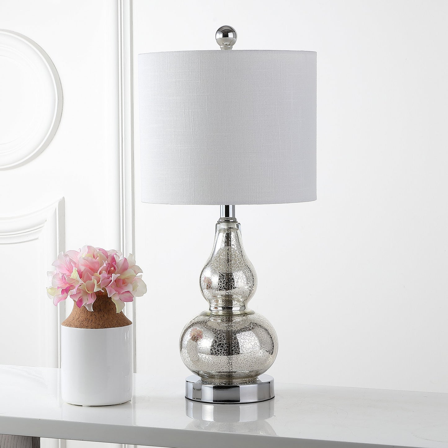 JONATHAN Y 20.5" Mercury Silver Glass Table Lamp, Modern Gourd Bedside Nightstand Lamp for Bedroom, Living Room, White Linen Shade, LED Bulb Included (JYL1028C)