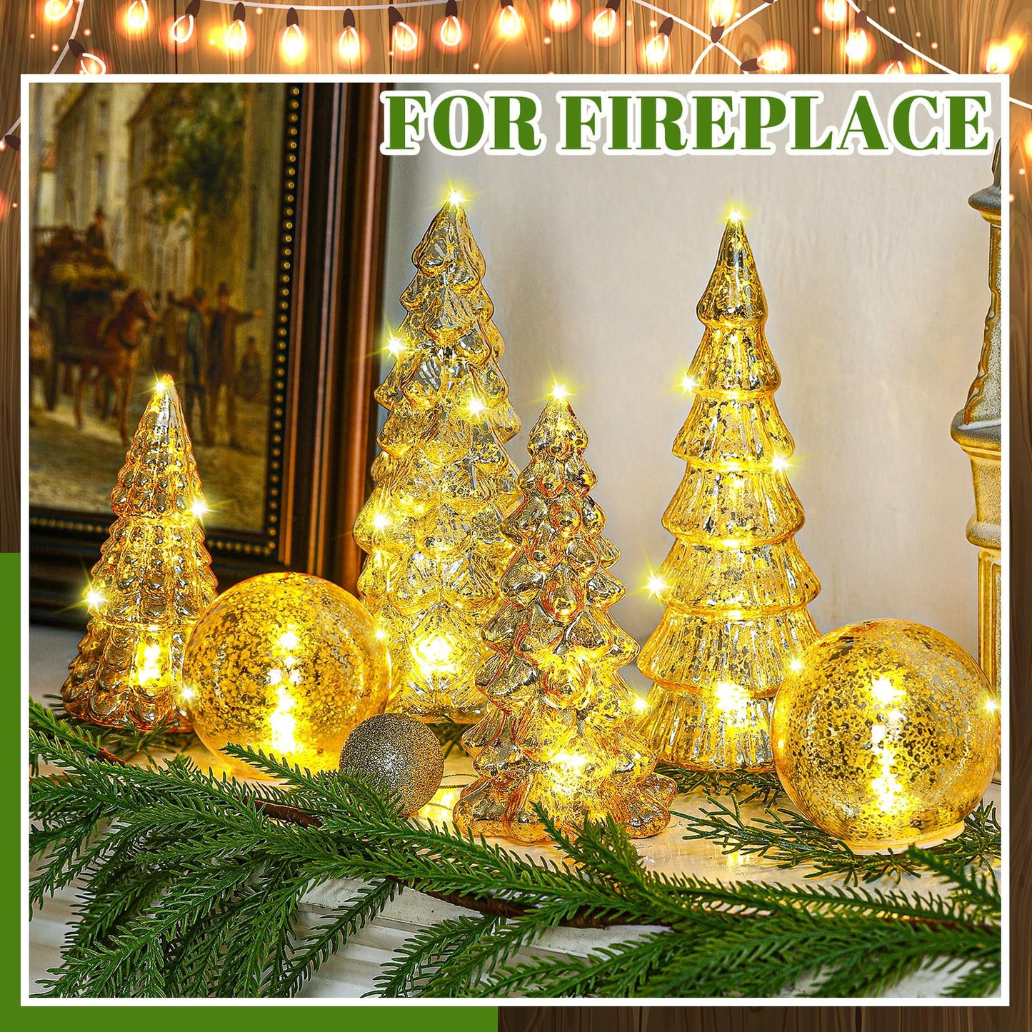 Syhood 6 Pcs Gold Mercury Glass Christmas Tree for Tabletop Light up Figurine Christmas Tree Mercury Cracked Glass Globe with Light for Xmas Decor Home Party Centerpiece Mantel Gift