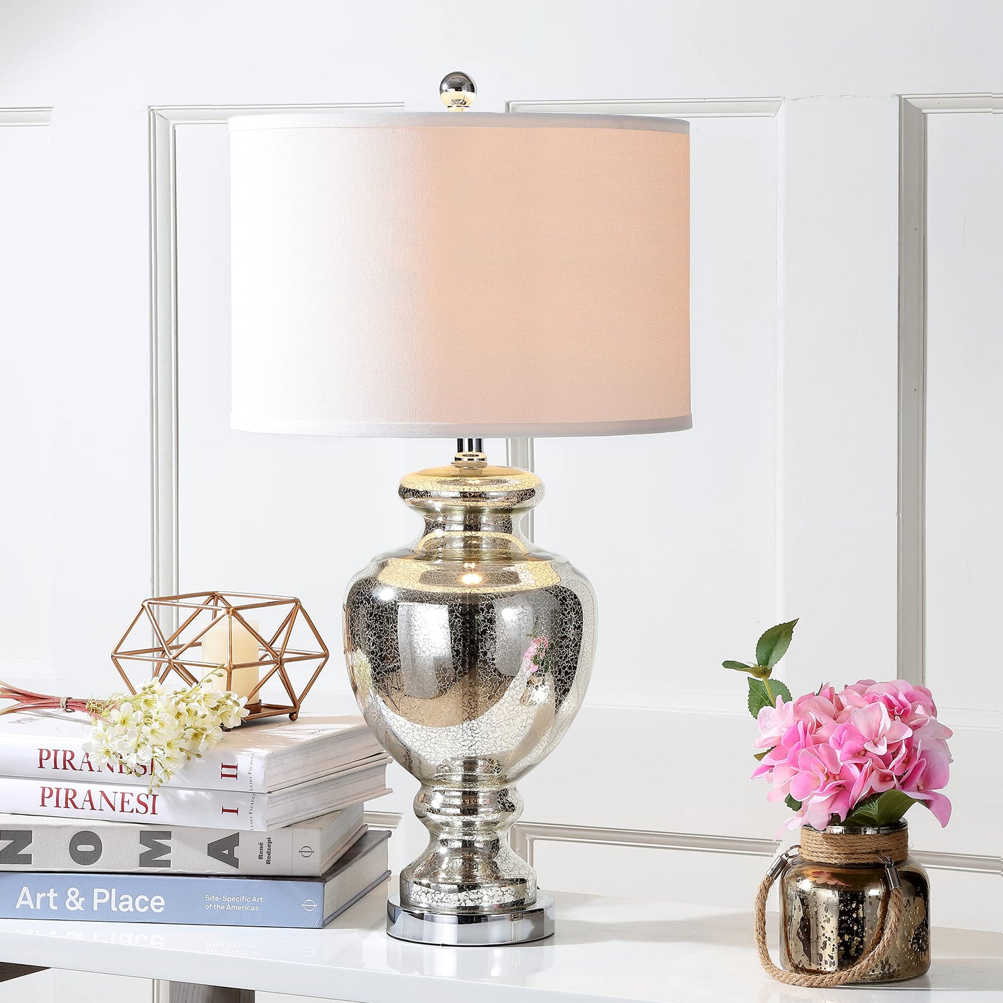 SAFAVIEH Lighting Collection Morocco Mercury Silver Crackle Glass 28-inch Bedroom Living Room Home Office Desk Nightstand Table Lamp (LED Bulbs Included)