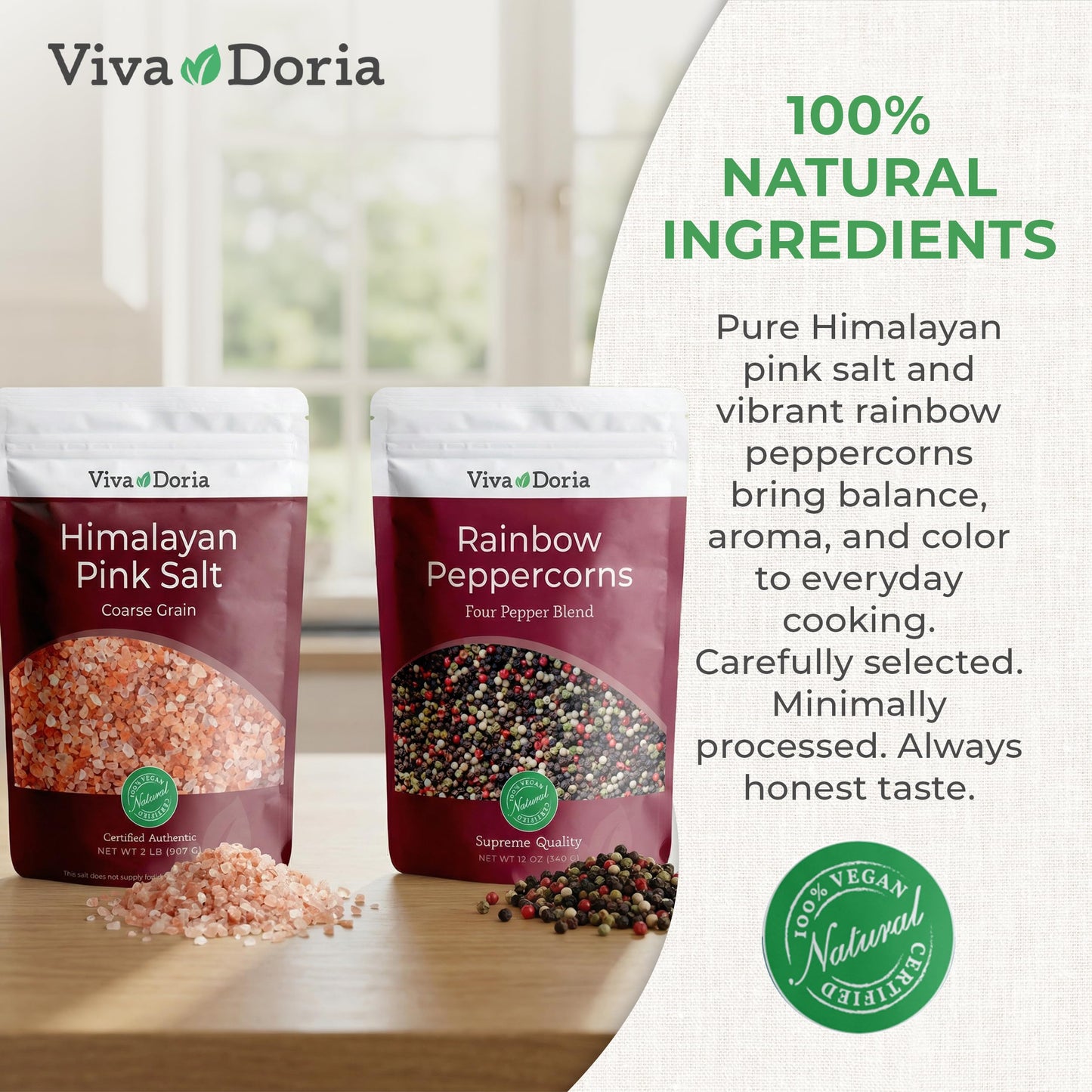 Viva Doria Rainbow Peppercorns Blend 12 oz & Himalayan Pink Salt, Coarse Grain, 2 lb – Steam Sterilized Mixed Whole Peppercorns and Coarse Salt for Grinder Refills, 2-Set Combo Pack